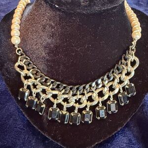 Avon Silver Tone Layered Necklace with Black Stones and Pearled Strand